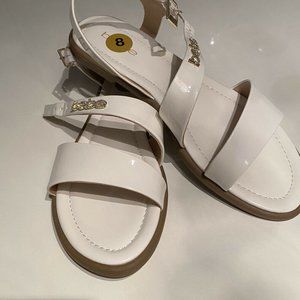 NEW BEBE WHITE FLAT SANDALS WITH RHINESTONE LOGO S